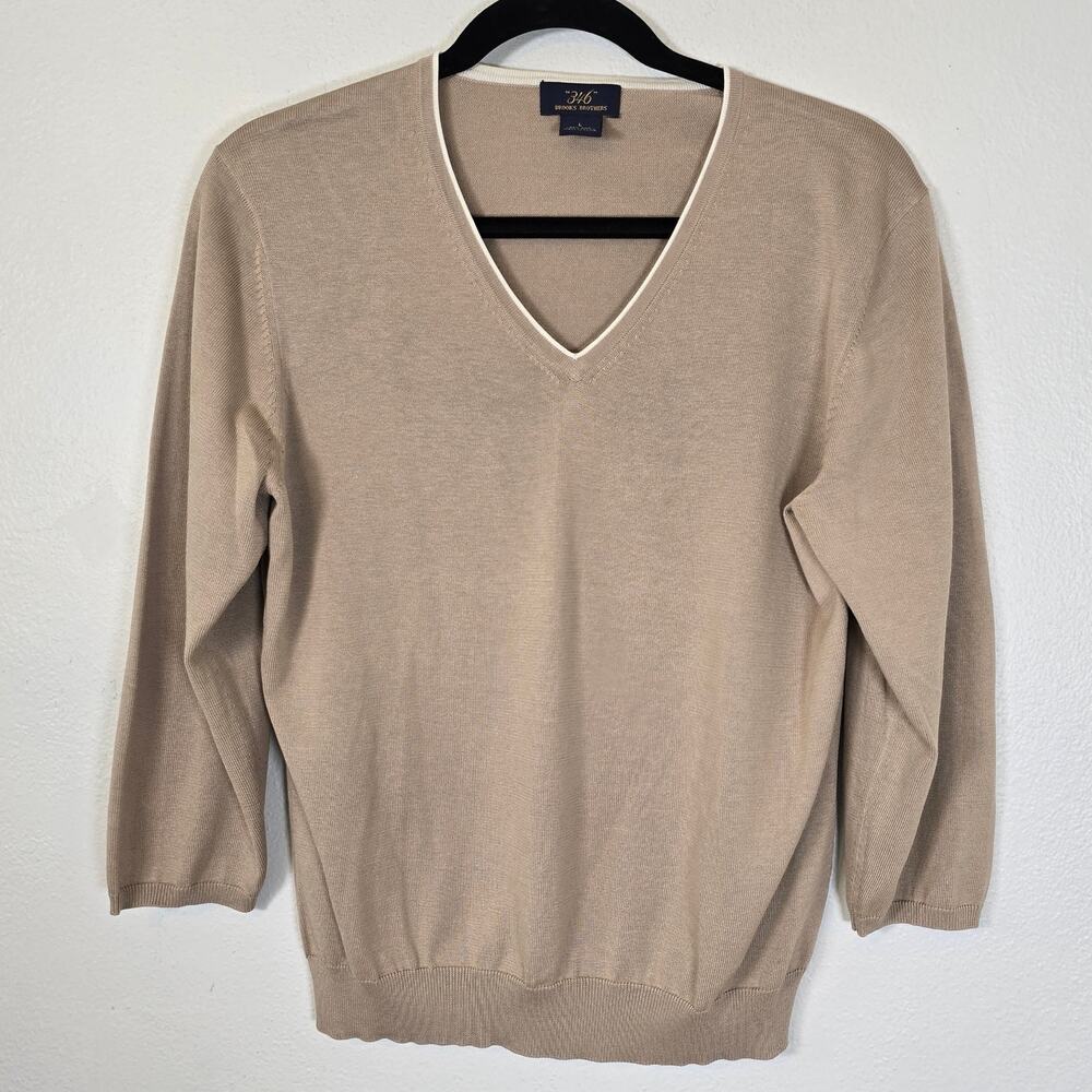 Brooks Brothers 346 Silk Cotton Sweater Womens L Camel V Neck Heritage Old Money